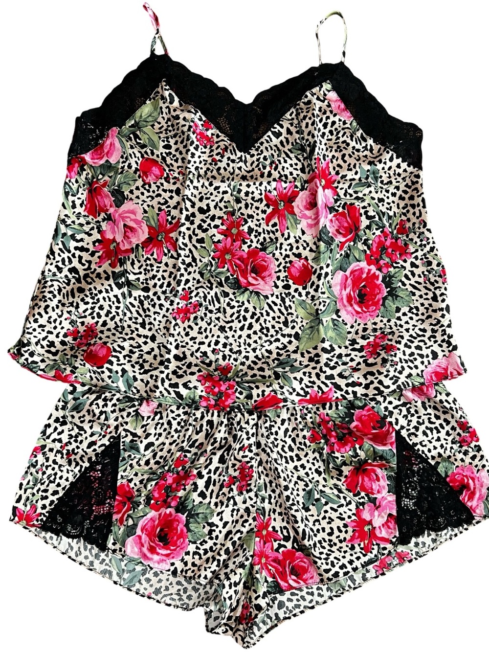 Floral & Leopard Lace Cami Short Set - Pink Roses